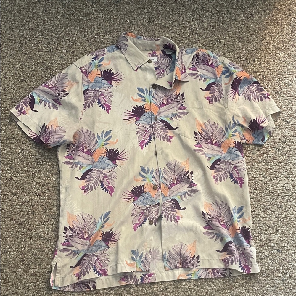 Tommy Bahama Tropical Leaf Print Shirt - Purple and Cream